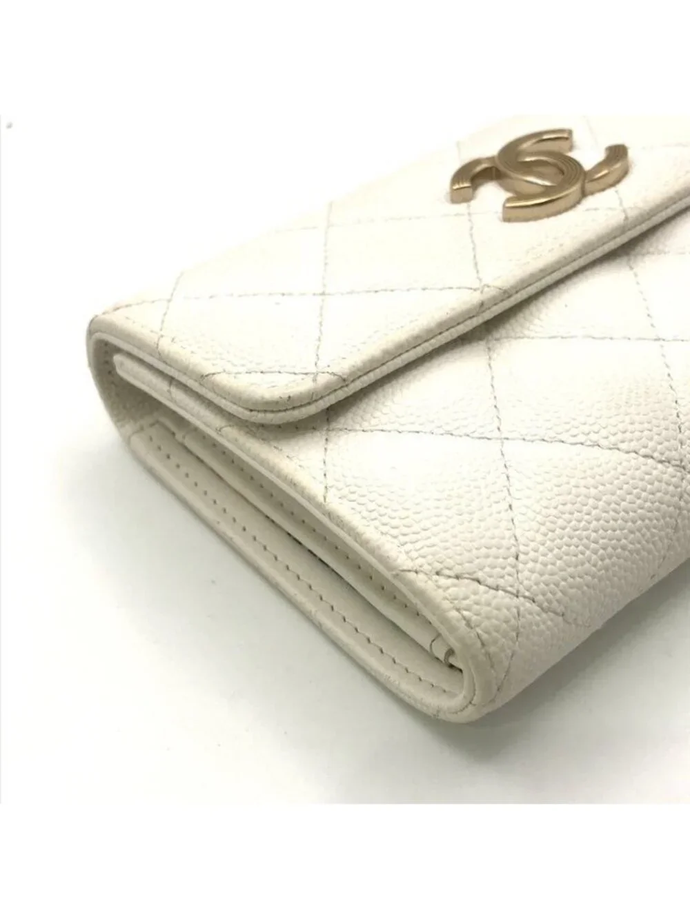 Chanel CC Logo Quilted Caviar Leather Trifold Wallet White Random